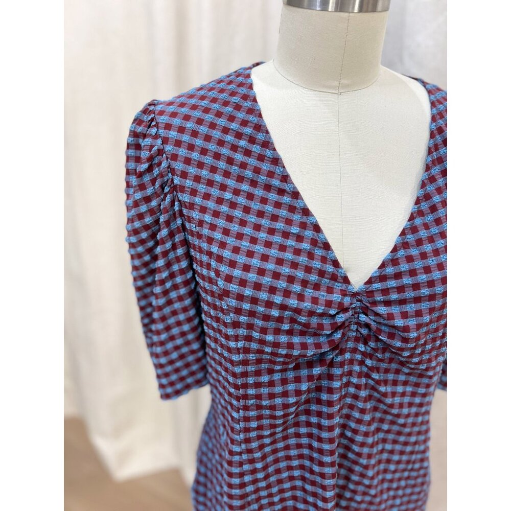 GANNI Blouse Seersucker V Neck Puff Sleeve in Blue Red Check Sz 46 XXL 16 - Picture 7 of 12